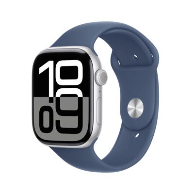 Apple Watch Series 10 (GPS 46 mm) Smartwatch - Kast van zilverkleurig aluminium - Denim sportbandje (M/L). Conditie bijhouden, Ecg-app, always on Retina-display, waterbestendig
