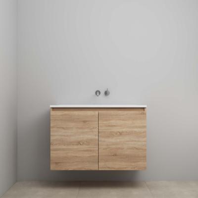 On-Line Onderkast - 100 cm - Voorgemonteerd - Greeploos 2 Deuren - Acryl Wastafel - zonder Kraangat - Eiken