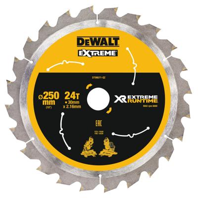 DeWALT Cirkelzaagblad voor Hout | Extreme Runtime | Ø 250mm Asgat 30mm 24T - DT99571-QZ