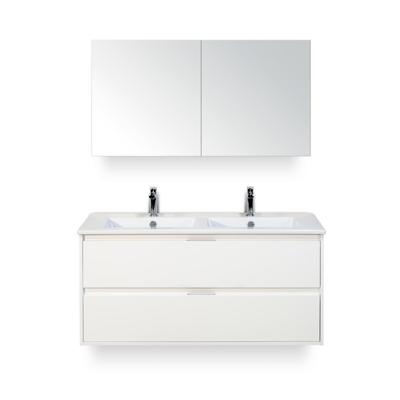 Porto Badmeubelset 120 cm - 2 laden Wit Hoogglans - Keramische Wastafel Wit Slim - met Spiegelkast