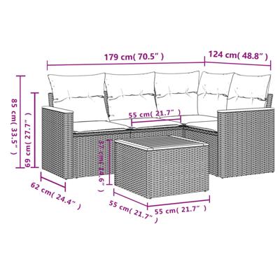 5-delige Loungeset met kussens poly rattan grijs - thumbnail