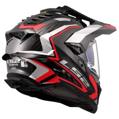 LS2 endurohelm "mx701 explorer carbon frontier ii", inwendig zonnevizier, uitneembaar, wasbaar, hypoallergeen en ademend, verstevigde kinriem, rescue wangkussentjes, dubbele d-voering helmet mx701 expl. car.fr.ii xl red/black