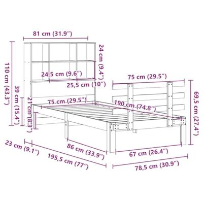 Bed met boekenkast zonder matras grenenhout wasbruin 75x190 cm