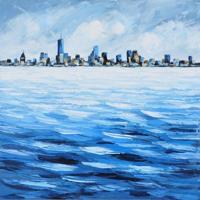 Schilderij -Handgeschilderd - Skyline - blauw wit - 100x100cm - thumbnail