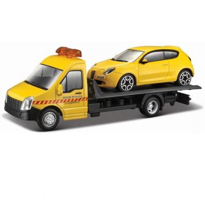 Bburago schaalmodel Alfa Romeo Mito + Flatbed Transporter 1:43 geel