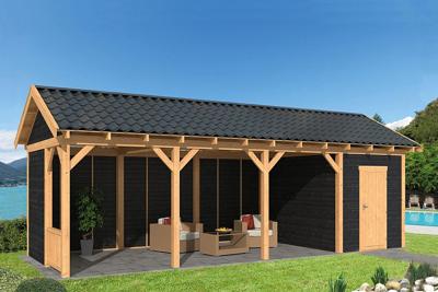 Tuindeco Hamar L Overkapping type 10 903x395 cm Lariks/Douglashout blank en Zweeds rabat zwart- Zadeldak- Onbehandeld lariks Douglas hout- Tuindeco