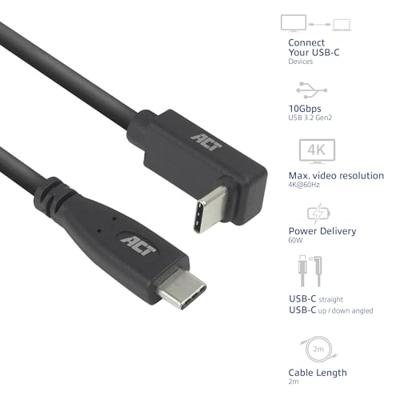 ACT USB 3.0 10Gbps 60W USB Type-C - USB Type-C (haaks verticaal) 2m