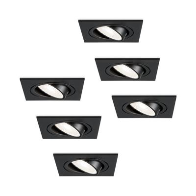 Set van 6 Mallorca LED inbouwspot - IP20 - Kantelbaar - 4 Watt 345 Lumen - 6500K Daglicht wit - GU10 - Dimbaar - Vierkant - Voor binnen - Zwart