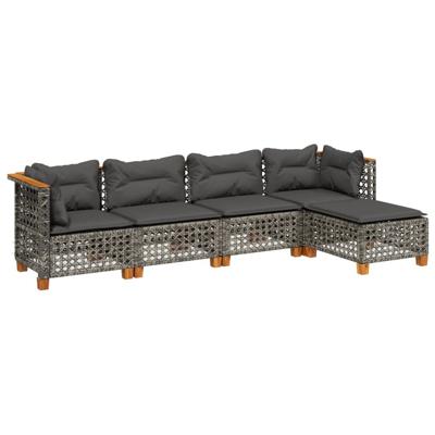 5-delige Loungeset met kussens poly rattan grijs