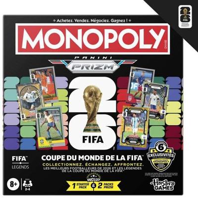 Monopoly FIFA World Cup 2026, een voetbalbordspel met Monopoly Panini Prizm FIFA World Cup 2026-kaarten, voor kinderen vanaf 8 jaar.