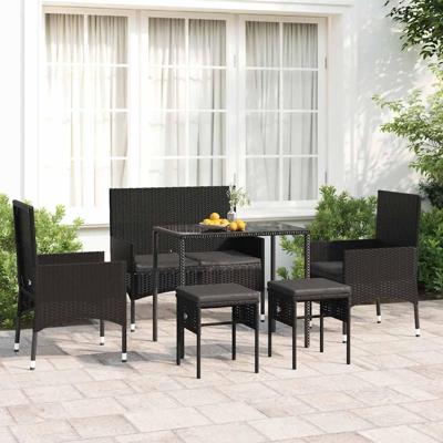 6-delige Loungeset met kussens poly rattan zwart