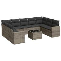 10-delige Loungeset met kussens poly rattan grijs - thumbnail