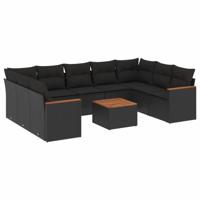 9-delige Loungeset met kussens poly rattan zwart - thumbnail