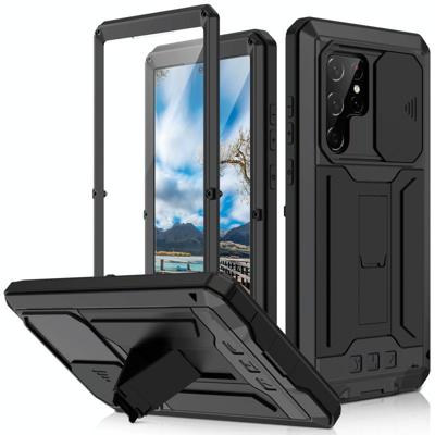 Voor Samsung Galaxy S22 Ultra 5G R-Just Sliding Camera Metal + Siliconen Houder Phone Case (Black)