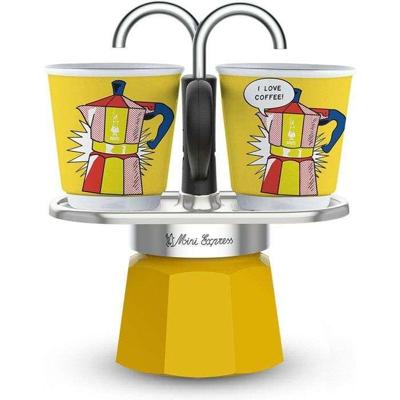 Italiaanse koffiezetset + 2 kopjes - BIALETTI - Mini-express LICHTENSTEIN - 100 ml - Roestvrij staal / Geel