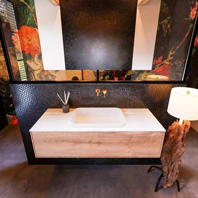 Badkamermeubelset Mondiaz Erin 120 cm met 1 Lade met RIDGE Wastafel Midden Talc Zonder Kraangaten Greeploos Mat Washed Oak Badkamermeubelset Mondiaz Erin 120 cm met 1 Lade met RIDGE Wastafel Midden Talc Zonder Kraangaten Greeploos Mat Washed Oak