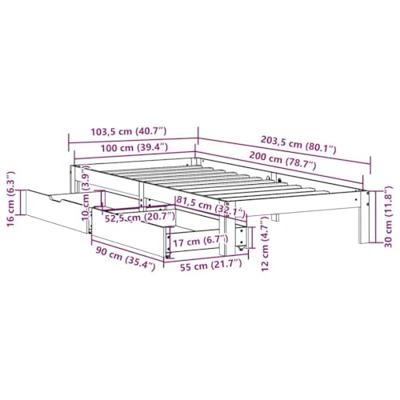 Bedframe met lades massief grenenhout wit 100x200 cm