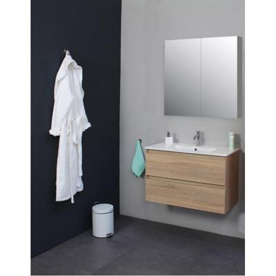 On-Line Badkamermeubelset - 80 cm - Voorgemonteerd - Porseleinen Wastafel - 1 Kraangat - Spiegelkast - Eiken