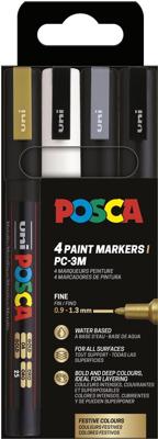 Uni POSCA paintmarker PC-3M, 1,5 mm, etui van 4 stuks in goud, wit, zilver en zwart