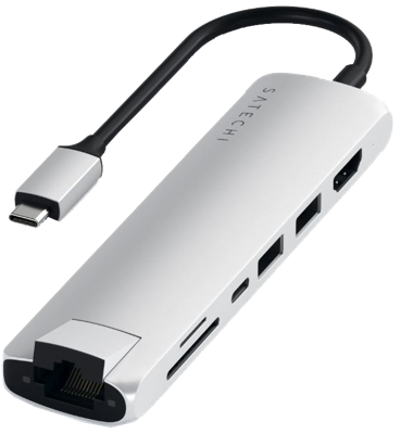 SATECHI USB-C Slank Multipoort Adapter Met Ethernet, 4K HDMI, 60W USB-C PD Opladen, 2 USB-A, SD/Micro Kaartlezers - Voor M2/ M1 Macbook Pro/Air, M2/ M1 iPad Pro/Air, M2 Mac Mini, iMac M1 (Zilver)