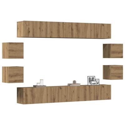 8-delig Tv-meubelset wandmontage bewerkt hout artisanaal eiken