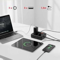 Maclean stekkerdoos, verlengkabel met 2 stopcontacten + 3xUSB, 110-240V AC 50/60Hz, 2,1A max 2500W, 1,5m, zwart, MCE387 B - thumbnail