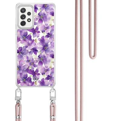 Samsung Galaxy A52(s) hoesje met rosegoud koord - Floral violet Samsung Galaxy A52(s) hoesje met rosegoud koord - Floral violet