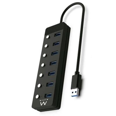 Ewent EW1147 Hub USB 3.2 Gen1, Concentrador USB, USB-splitter, 7 puerto's met interruptores Encendido/Apagado Individuale en Indicadores LED, met kabel van 1,2 m, met adapter 5V/3A, Negro