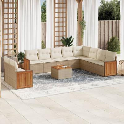 10-delige Loungeset met kussens poly rattan beige