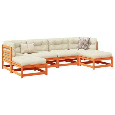 6-delige Loungeset met kussens massief grenenhout wasbruin - thumbnail