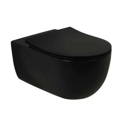 Toiletpot Hangend Plieger Nola Mat Zwart 36x54.5x40cm Wandcloset Keramiek Diepspoel Rimfree met Softclose Quickrelease Toiletzitting Slim