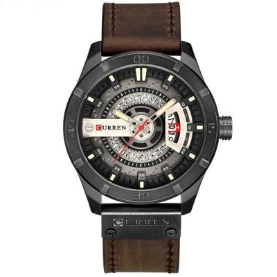 CURREN M8301 mannen militaire sport horloge Quartz datum klok lederen horloge (zwarte Case grijs gezicht licht bruine band)