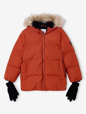 Donsjack met capuchon, fleecevoering en wanten of handschoenen amber Donsjack met capuchon, fleecevoering en wanten of handschoenen amber