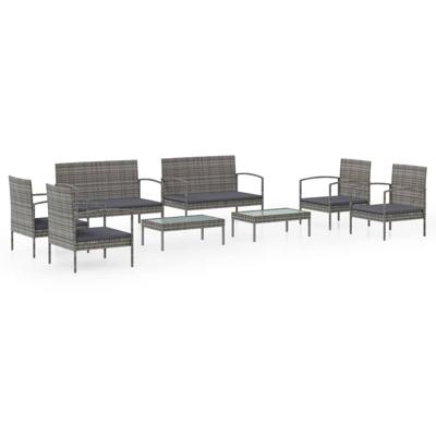 8-delige Loungeset met kussens poly rattan grijs