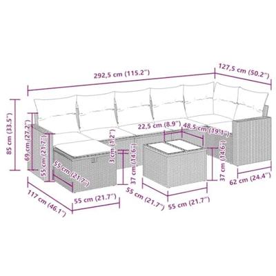 8-delige Loungeset met kussens poly rattan bruin