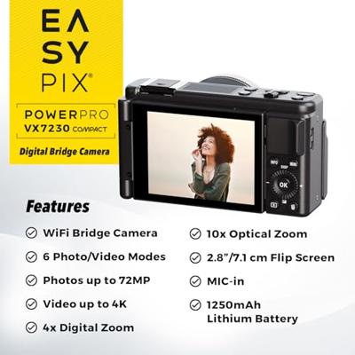 Easypix PowerPro VX7230 Compact Digitale camera 72 Mpix Zoom optisch: 10 x 4K video, Beeldstabilisatie, Flitsschoen, Klapbaar display, Met ingebouwde flitser,
