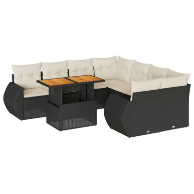 9-delige Loungeset met kussens poly rattan zwart