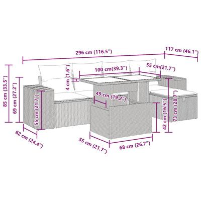 6-delige Loungeset met kussens poly rattan bruin