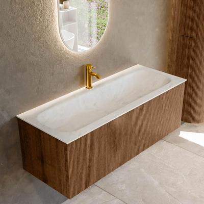 Mondiaz KURVE-DLUX 120 cm Onderkast Greeploos 1 Lade Zonder Deuren Walnut, Wastafel Solid Surface Volledig Opalo 1 Kraangat Zonder Spiegel (KRVBGL1201L0D1KM-Wal/Opa)