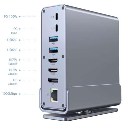 USB Type-C 15-in-1 multi-port adapter (USB hub A-poorten v.2x2 + v.3x3, Type-C + HDMIx2 + DisplayPort + PD + kaartlezer + Gigabit LAN +