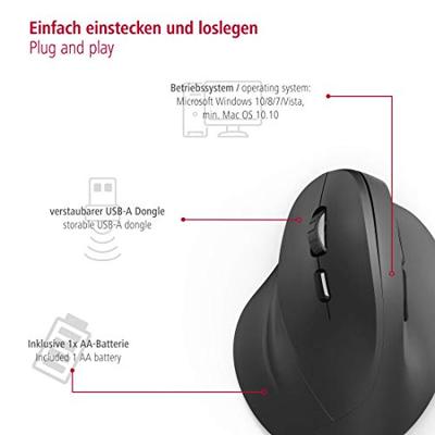 Hama Verticale Ergo. Draadloze Muis Voor Linksh. EMW-500L 6 Knoppen Zwart - thumbnail