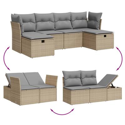 6-delige Loungeset met kussens poly rattan beige