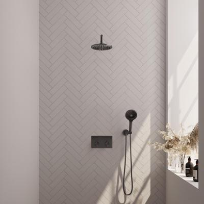 Gunmetal Edition thermostatische inbouw regendouche SET 57 met 20cm douchekop, gebogen muurarm, 3-standen handdouche, doucheslang en wandaansluitbocht in gunmetal geborsteld PVD.