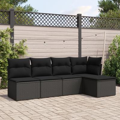 5-delige Loungeset met kussens poly rattan zwart - thumbnail