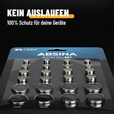 ABSINA Set van 48 alkaline en lithium knoopcellen - 4x AG1 / 4X AG3 / 8X AG4 / 8X AG10 / 8X AG13 / 4X CR2016 / 4x CR2025 / 8X CR2032-1,5V & 3 V knoopcelassortiment lekvrij - knoopcelbatterijen