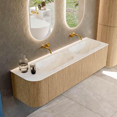 Mondiaz KURVE-DLUX 165 cm Onderkast Greeploos 2 Lades Met Deuren Oak, Wastafel Solid Surface Rechts Ostra 0 Kraangaten Zonder Spiegel (KRVSTS165L2L1D0KD-Oak/Ost)