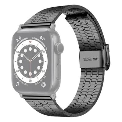 By Qubix - Metalen bandje - Zwart - Compatible met Apple watch 44mm / 45mm / 46mm / 49mm - Compatible Apple watch bandjes