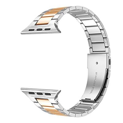 By Qubix - Stalen schakelband - Zilver met champagne goud - Compatible met Apple watch 44mm / 45mm / 46mm / 49mm - Compatible Apple watch bandjes