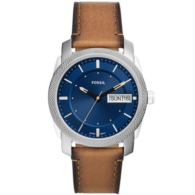 Fossil FS5920 Horloge Machine staal-leder zilverkleurig-blauw-bruin 42 mm Fossil FS5920 Horloge Machine staal-leder zilverkleurig-blauw-bruin 42 mm