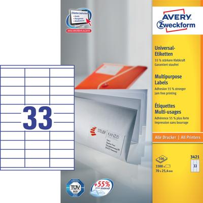 Avery Zweckform 3421, Universele etiketten, Ultragrip, wit, 100 vel, 33 per vel, 70 x 25,4 mm Avery Zweckform 3421, Universele etiketten, Ultragrip, wit, 100 vel, 33 per vel, 70 x 25,4 mm